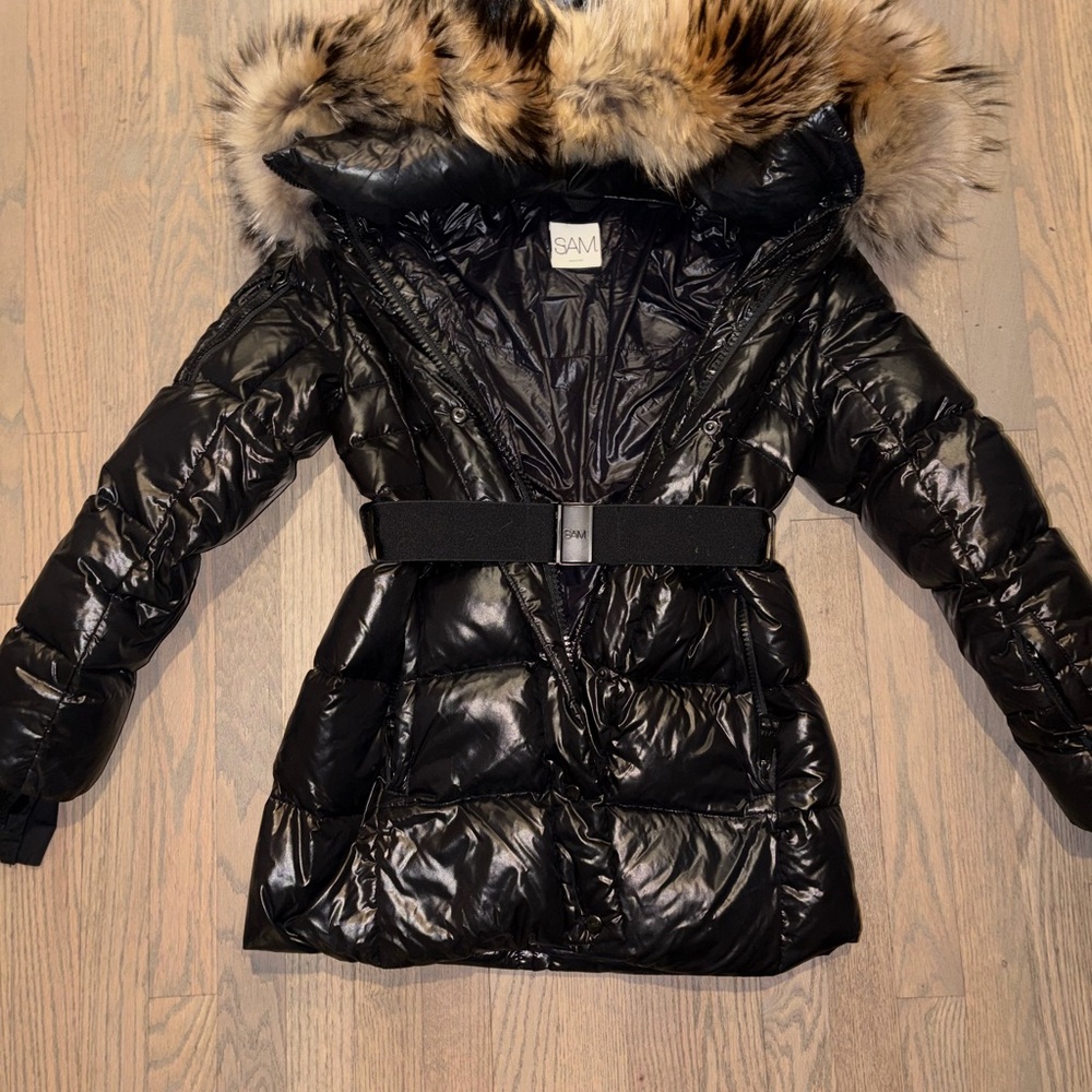 SAM Shiny Black Puffer Coat with Fur Hood